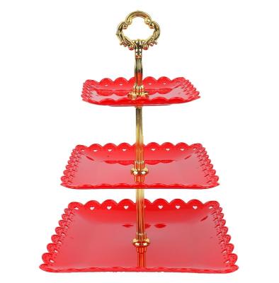 China 3 Tier Square Dish 3 Tier Rectangular Light Red Cupcake Stand Serving Tray Display Rack For Christmas Wedding Party for sale