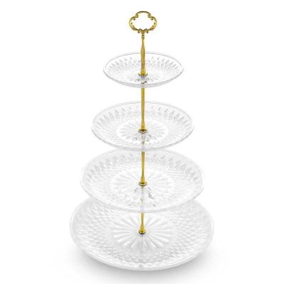 China 3/4 Tier Clear PS Cupcake Stand With Gold Metal Struts Tower Crystal Clear Plastic Plates Dessert For Wedding Birthday Decoration for sale