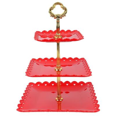 China Square Dish 3 Tier 3 Tier Large Size Plastic Red Cupcake Stand Serving Tray Display Rack For Christmas Wedding Party for sale