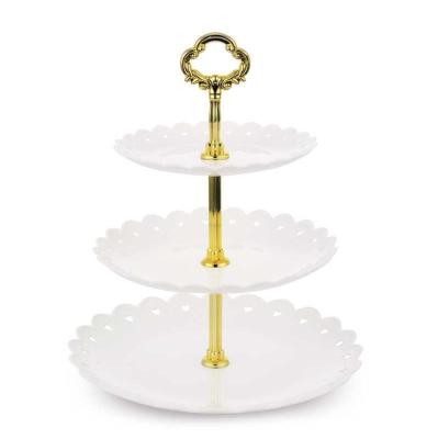 China White 3 Tier 3 Tier Cupcake Stand With Gold Struts Around Dish Dessert Display Server Tower For Wedding Birthday Tea Party for sale