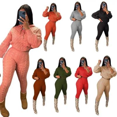 China Breathable Hot Sale 2PCS Ladies Knitted Women Hooded Sweater Winter Wear Outfits Street Two Piece Set for sale