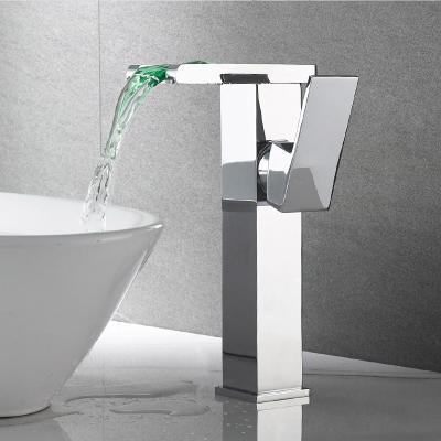 China OEM ODM Chrome Brass Metered Black Waterfall Basin Faucet High Height LED Waterfall Basin Faucet For Bathroom for sale