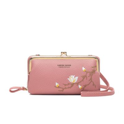 China Business Style Ladies Embroidery Wallet With Strap Genuine Leather Cross - Body Cell Phone Bags for sale