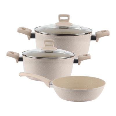 China Sustainable Forged Aluminum Cookware OEM Forged Aluminum Non To Bond Induction Cookware Marble Coating Set for sale