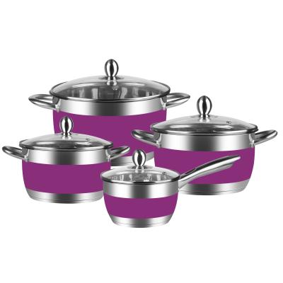 China Sustainable Conical Shape Stainless Steel Pot Set Cookware With Beautiful Violet Color Painting for sale