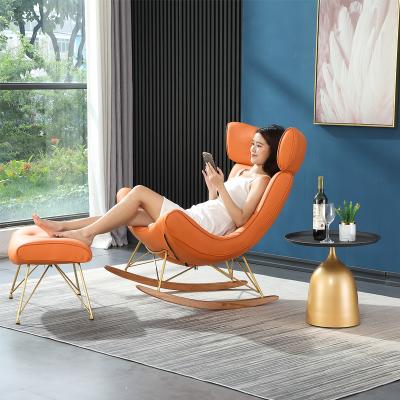 China Modern Design Living Room Leisure Rocking Chair Sofa Nordic Luxury Leather Single Reclining Lounge Chair With Stool for sale