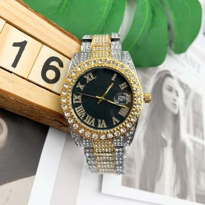 China Automatic Full Date Iced Out Green Dial Crystal Rhinestone Quartz Watch Crystal Full Diamond Quartz for sale