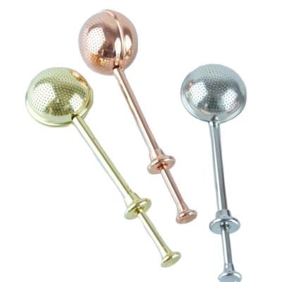 China Viable Gold Color Stainless Steel Tea Infuser Long Tea Ball Tea Strainer Hot Selling Handle With Electroplating for sale