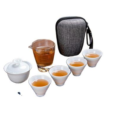 China Viable Portable Chinese Kung Fu Travel Tea Set Gaiwan Ceramic Tea Cups Teapot With Travel Bag Tea For One for sale