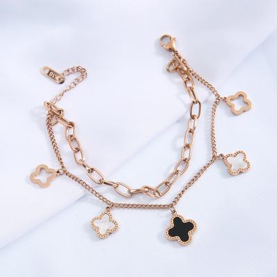 China Titanium Steel Bracelet 18K Rose Gold European and American Female Chain Double-Layer Clover Bracelet Style Bracelet for sale