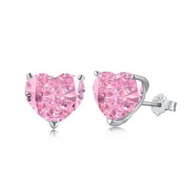 China CLASSIC Jewelry S925 Sterling Silver High Carbon Women's Pink Heart Shaped Ice Pink Flower Zircon Diamond Cut Earrings for sale