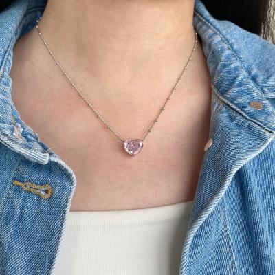 China 925 Sterling Silver Rhodium Plated Heart Necklace 8A Romantic High Quality Ice Cut Pink Zircon Pendant For Women for sale