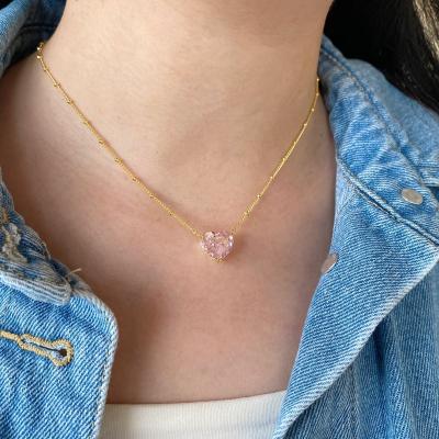 China Romantic 18k Gold Plated Necklace Ice Cut Pink Zircon Heart Pendant for sale