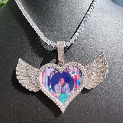 China Custom Photo Wings Hiphop Heart Necklaces Pendant Bling Memory Iced Out Bling Zircon Pictures Tennis Chains Hip Hop Sublimation Jewelry for sale