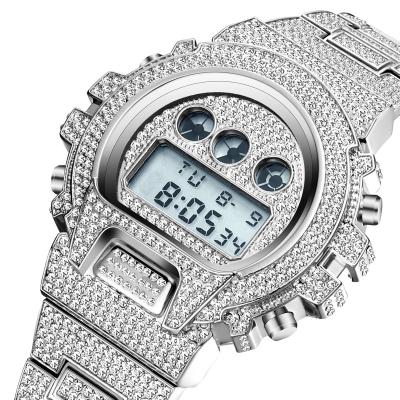 China Day/Date Iced Out Diamond Watch For Men Luxury Men's Watches LED Digital Waterproof Sports Wristwatch Men Fashion Silver Steel Male Clock for sale