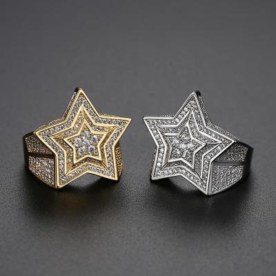 China Punk Star Pentagon Ring For Men YUNYI Star Zircon Glazed Copper Full Pave Silver Color Big Bling Zircon Gold Ring Hip Hop Jewelry Gift for sale