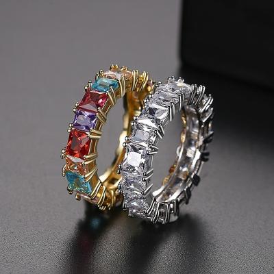 China Hiphop Square Design Multicolor CZ Finger Ring Hip Hop Jewelry Gold Color Ring For Women Men Copper Cubic Zirconia Wand YUNYI for sale