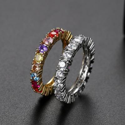 China New Hip Hop Baguette Ring For Women Men Hiphop Gold Color Zircon Round Shape Stone Multicolor Ring Wedding Band Fashion Jewelry for sale