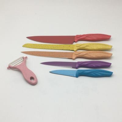 China Viable Colorful 6pcs Wheat Straw Meat Cleaver Cheese Board Knife Set Color Box PP Handle Stainless Steel Knife Set for sale