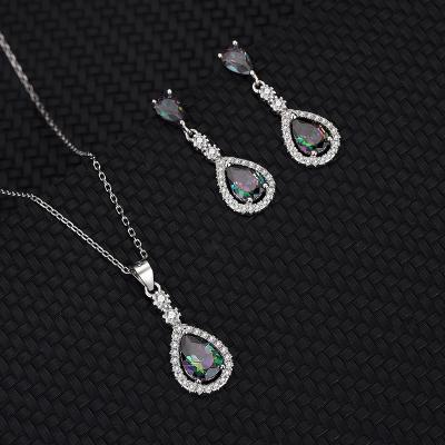 China FASHIONABLE S925 Sterling Silver Zircon Inlaid Colorful Water Drop Necklace And Dangle Earrings Women Set Two Piece Earring Fashion Set for sale