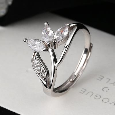 China New Arrival Minimalistic Women Ring Adjustable s925 Zircon FASHION Rings Sterling Silver Leaf Shaped Ring for sale