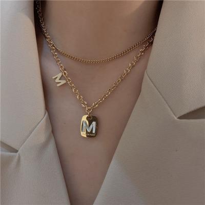 China TRENDY Luxury Layered Necklaces Women Stainless Steel Thin Gold Chian Jewelry Trendy Inlaid Letter Square Necklace for sale