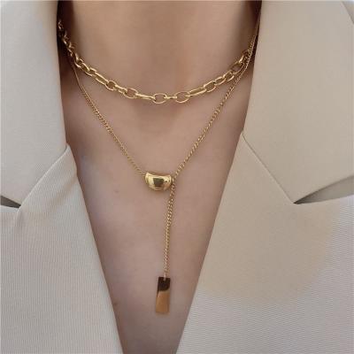 China New Gold Chain Stainless Steel Jewelry Cute Rectangle Double Layered Pendant Necklaces Trendy Beans Necklace for sale