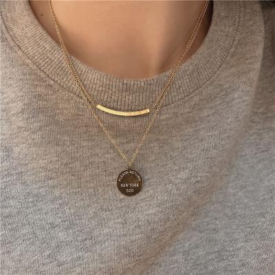 China TRENDY Men's Double Layered Stainless Steel Chain Jewelry Women Necklaces Trendy Round Letter Necklace for sale