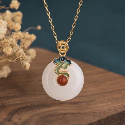 China Ethnic White Chinese Ethnic Jade Necklace Jewelry Women Gold Plated Auspicious Cloud Around Pendant Necklace for sale