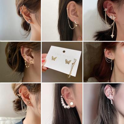 China Ethnic Women Fashion Pearl Cuff Earring 925 Needle Star Silver Jewelry Crystal Butterfly Earrings for sale