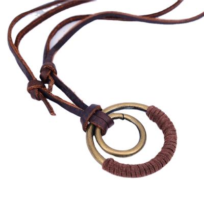 China Wholesale Vintage 2 Rings Rope Pendant Leather Necklace Rope Leather Necklace With Alloy Pendant for sale