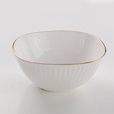 China Viable Unique Line Crokery JiuJiuJu Stripe Serving Bowls Embossed To Wedding Soup Bowl White Dinnerware With Gold Rim Bowl Porcelain for sale