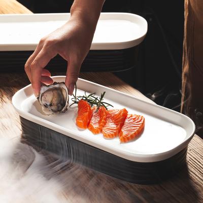 China Viable Wholesale Black and White Porcelain Salmon Sashimi Dry Ice Platter Ceramic Food Serving Dish Rectangular Tray from JIujiuju for sale