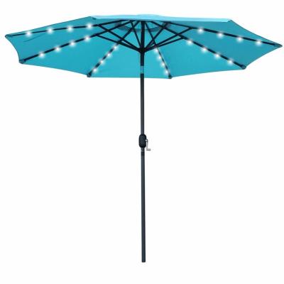 China Polyester 9ft Solar Aluminum Patio Umbrella with 32 LED Lights, Fade Resistant Illuminated Garden Market Umbrella with Push Button Tilt for sale