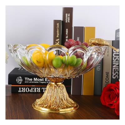 China Simple Round Copper Fruit Dish Household Crystal Glass Fruit Bowl Clear Textured Glass Brass Bottom for sale