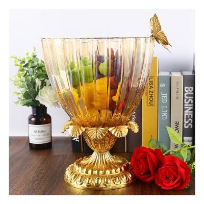 China Crystal Glass Wholesale Light Fruit Glass Dish Nordic Creative Custom Brass Dish Living Room Decoration Brass Fruit Bowl for sale