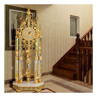 China Custom Brass Gold Plated Vintage Grandfather Clock Antique Luxury European Style Villa Floor Clock for sale