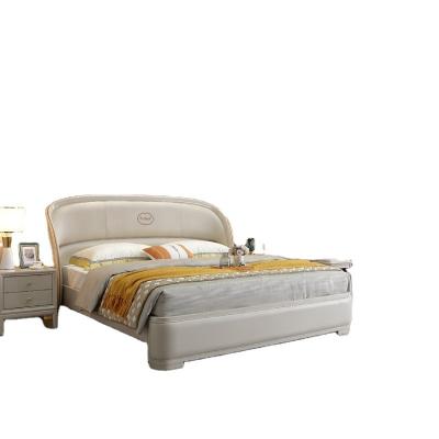 China Minimalist 2022 Best Selling Luxurious King Size Wooden Furniture Grey Leather Solid Wood Bed for sale