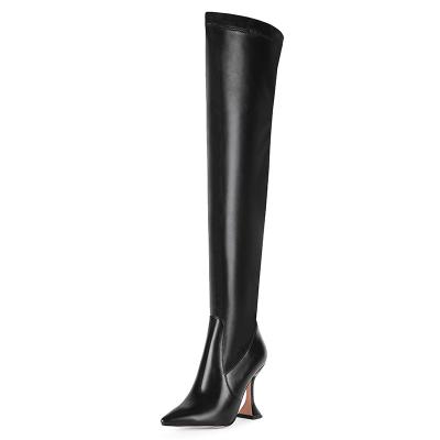 China Round Women Boots Heels Sexy Ladies Custom Made Heels Stretch Boots Thigh High Black for sale