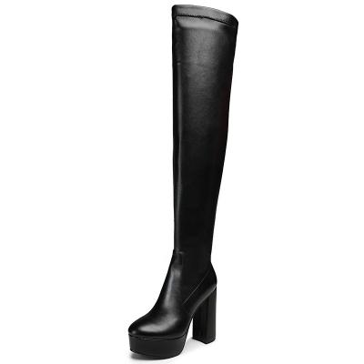 China Round Thigh High Boots Stretch PU Block Leather Material Sexy Heel And High Platform Gladiator Women Boots for sale