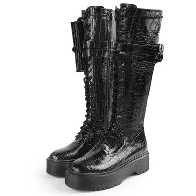 China Round Thick Sole Croc Material Knee High Boots Lace Up Coin Purse Zipper Up Women Winter Boots for sale