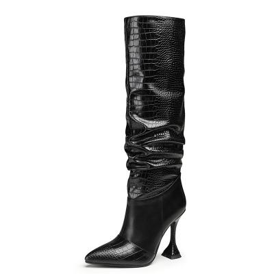 China Custom Design Round Axis Branded And Explicative High Cup Heel Glide Knee On Boots for sale