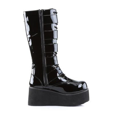 China Round Black Patent Leather Women Platform Knee High Boots for sale