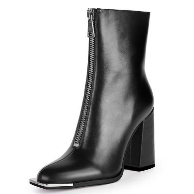 China Round Steel Toe Block Heel Zipper Inside Women Ankle Boots for sale