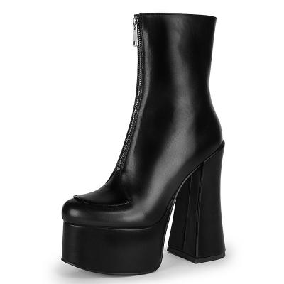 China Custom Round Design Block Heel and Platform Ladies Boots Round High Heel Ankle Leather Ankle Boots for sale