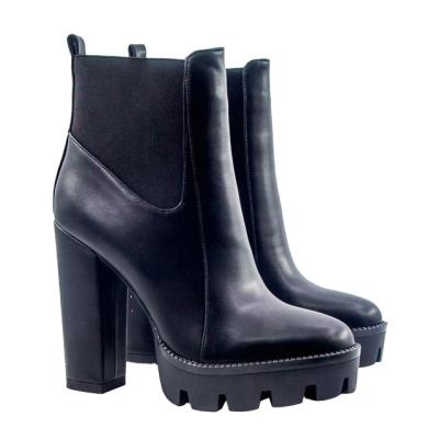 China Round block heel women ankle boots, zigzag sole molded chanky heel PU leather boots for sale