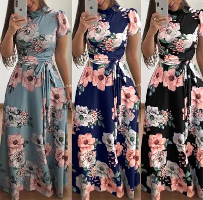 China Anti-Static Women's Maxi Dress Short Sleeve Casual Floral Print Dangle Long Maxi Dresses With Belt S-XXXL for sale