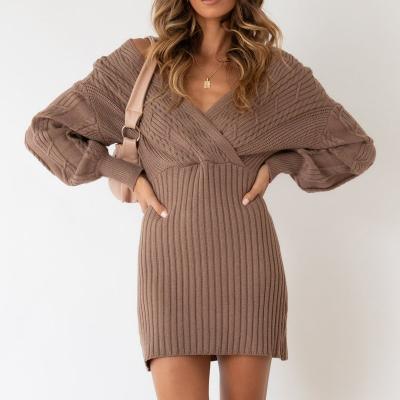 China 2022 New autumn and winter sexy v-neck twist mid-length women's sweater wrap hip skirt anti-static ladies dress for sale