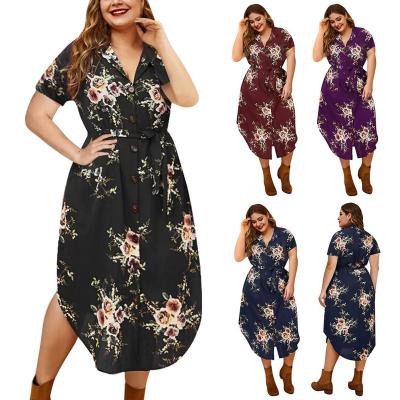 China 2022 NEWEST Summer Viable Women Dress V-Neck Button Back Split Lace Up Plus Size Women's Print Dress for sale