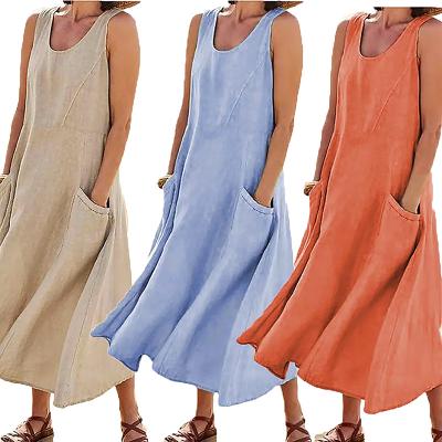 China 2022 New Summer Women's Long Dress Casual Loose Waist Sleeveless Round Neck Viable Plus Size Dress Natural Clothing Woman Adults for sale